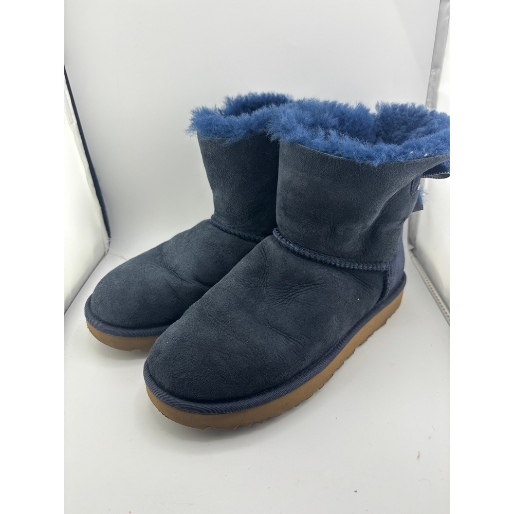 UGG Mini Bailey Bow II Navy Blue Suede Sheepskin Ankle Boots 1102929 Womens 7